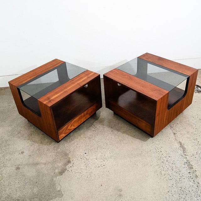1960s Mid Century Modern Nightstands Tables Side End Glass Vintage Walnut Lane Drawer For Sale - Image 9 of 11