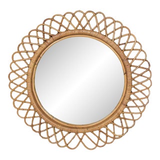Mid-Century Italian Round Rattan Wall Mirror For Sale