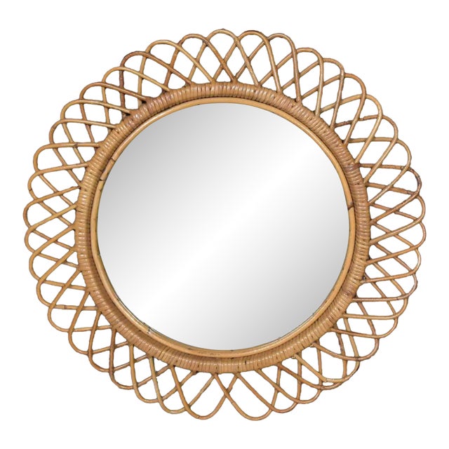 Mid-Century Italian Round Rattan Wall Mirror For Sale