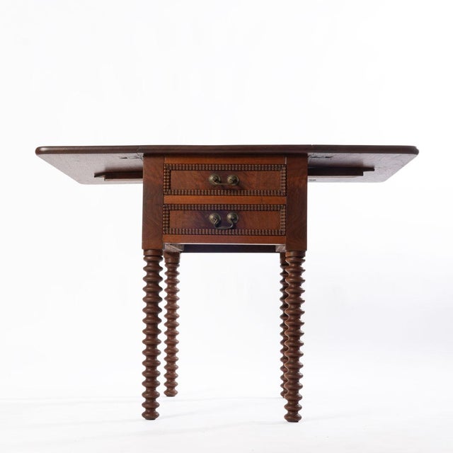 19th Century Walnut Spool Leg 2 Drawer Drop Leaf Work Table For Sale - Image 4 of 10