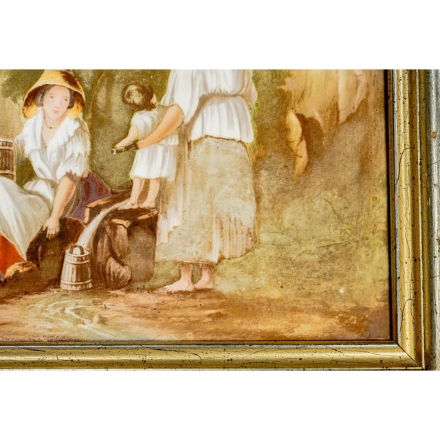 Wood Pair Antique 19th Century Hand Painted Porcelain Plaques Rustic Victorian Pastoral Country Farm Scenes Wall Home Decor Art For Sale - Image 7 of 18