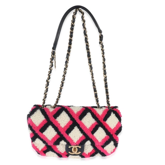 Traditional Fuchsia Navy White Shearling Lambskin Emoticon Single Flap Bag For Sale - Image 3 of 8