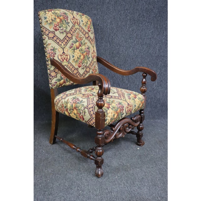 Jacobean Jacobean Style Carved Walnut Tapestry Arm Chair For Sale - Image 3 of 6