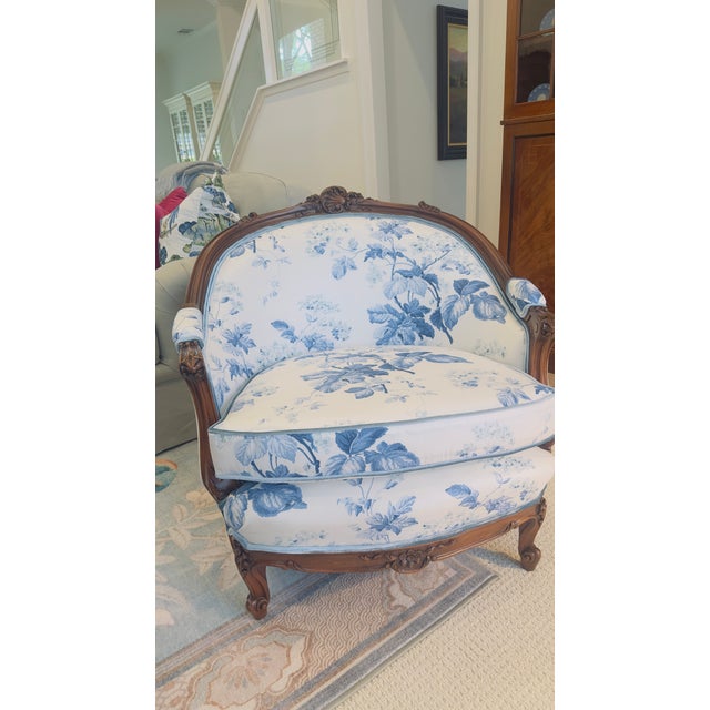 Baby Blue Antique French Bergere Chair - Designer Upholstery (Lee Jofa Glazed Chintz & Italian Velvet) For Sale - Image 8 of 9
