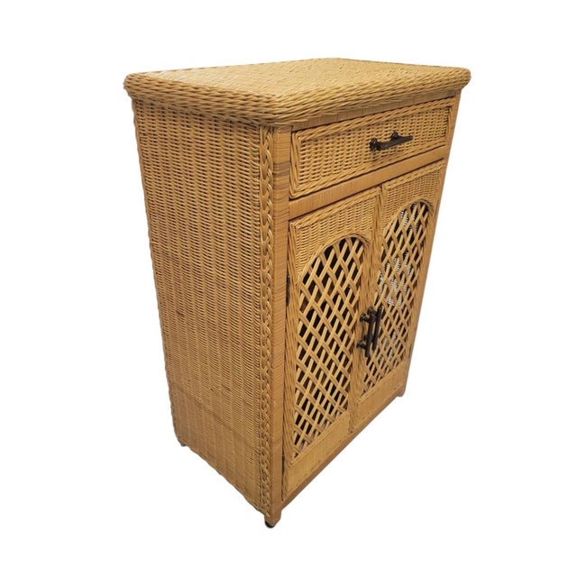 Henry Link Natural Small Lattice Front Wicker Kitchen Bathroom 3 Shelf 1 Drawer Storage Cabinet For Sale - Image 4 of 6