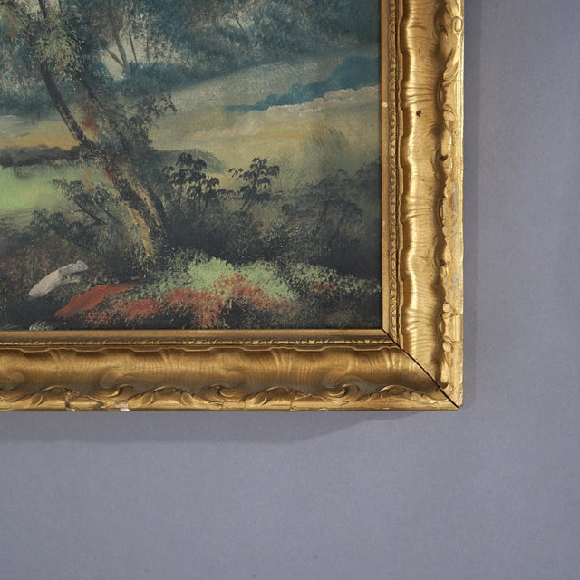 Wood Antique Oil on Board Painting, Landscape with Mill & Water Wheel, Framed, C1900 For Sale - Image 7 of 12