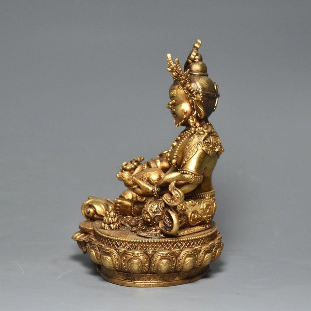 Vintage Gilt Bronze Yellow Jambhala Statue God of Wealth Altar Sculpture 4.3" For Sale - Image 4 of 9