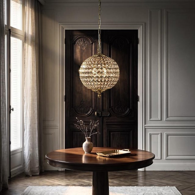 Metal Vintage Aloadecor 2-Light W12 In. Warm Brass Globe Chandelier Small Crystal Chandelier Cage-Style Shade Pendant Light For Sale - Image 7 of 10