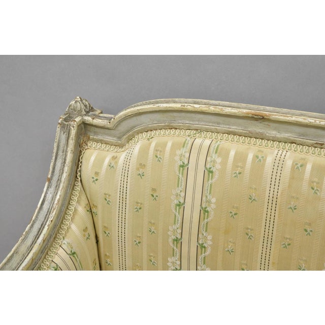 Antique French Louis XVI Style Cream Distress Painted Petite Canape Settee Sofa For Sale In Philadelphia - Image 6 of 18
