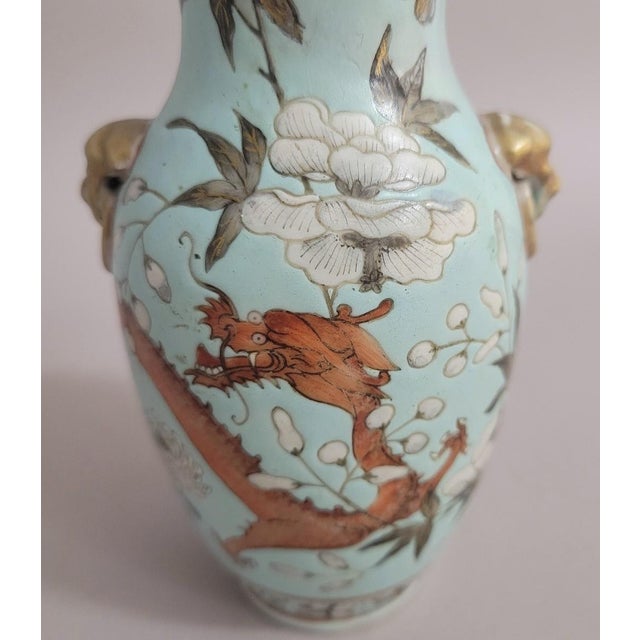 Chinoiserie Antique Chinese Qing Turquoise Porcelain Dragon Vase With Lion Mask Ring Handles For Sale - Image 3 of 11