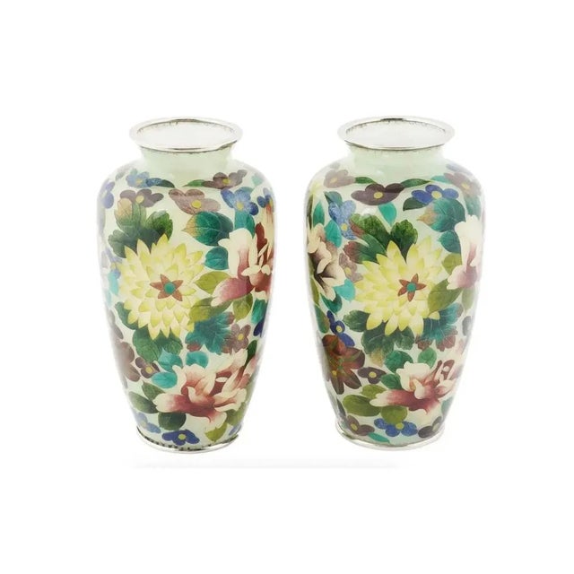 Early 20th Century Antique Japanese Floral Plique a Jour Enamel Vases - a Pair For Sale - Image 5 of 5
