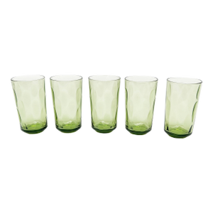 Mid Century Hazel Atlas Avocado Green Glass Thumbprint Highball Glasses - 5 Pieces