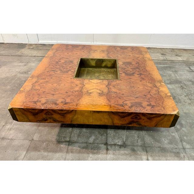Wood Willy Rizzo Burl Wood and Brass Coffee Table, Italy, 1970s For Sale - Image 7 of 7