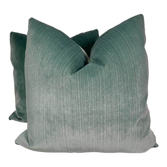 Scalamandre "Strie Velvet" in Mineral 22" Pillows-a Pair For Sale