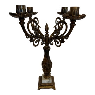 Vintage 4 Arm Brass Candelabra Mounted on Square White Marble Base For Sale