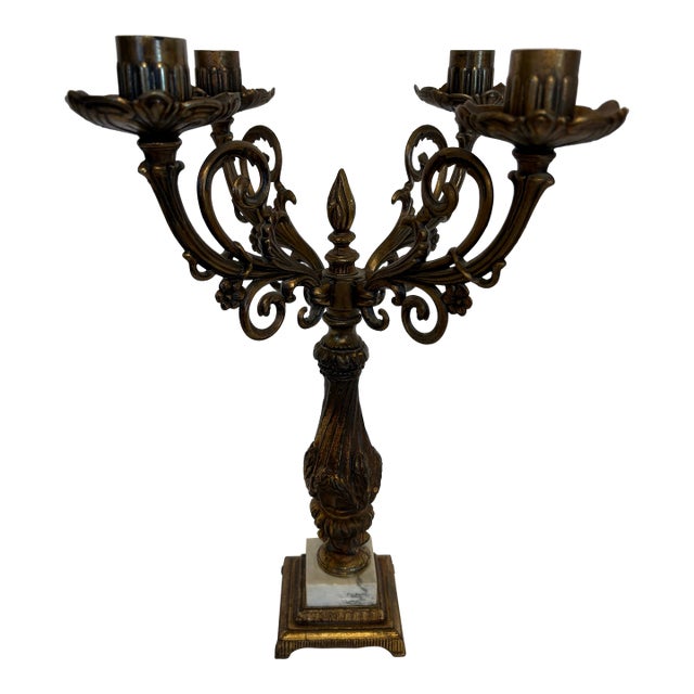 Vintage 4 Arm Brass Candelabra Mounted on Square White Marble Base For Sale