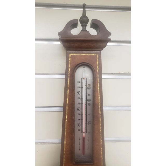 Mid-Century English Inlaid Burlwood Barometer / Thermometer. Clean vintage condition. Measures 8.5" in width, 33" in...