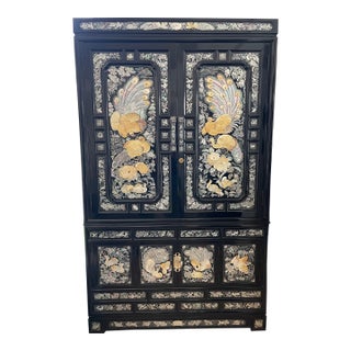 1970s Korean Black Lacquer Armoire With Hand-Carved Stone Scenery & Mother of Pearl Inlay For Sale