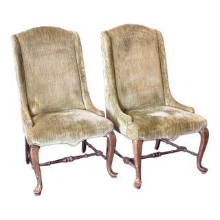 Pair Vintage Ethan Allen Celadon Green Cotton Velvet Slipper Chairs For Sale