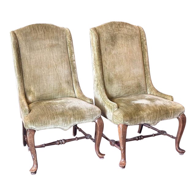Pair Vintage Ethan Allen Celadon Green Cotton Velvet Slipper Chairs For Sale