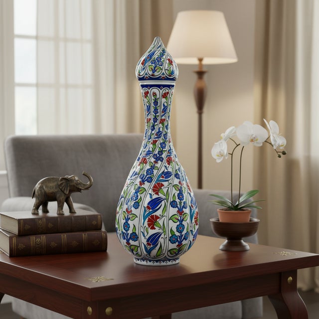 2020s Handmade Ceramic Fluted Nightingale Vase with Lid (30cm) Polychrome Floral Pattern For Sale - Image 5 of 8