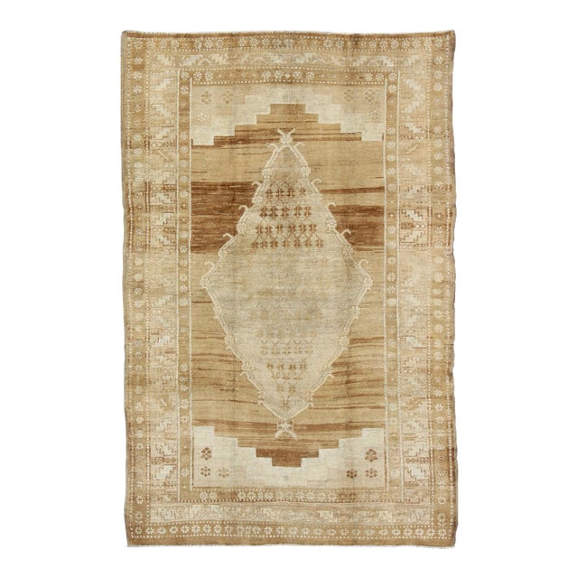 Midcentury Vintage Turkish Rug With Central Medallion in Brown and Ivory For Sale