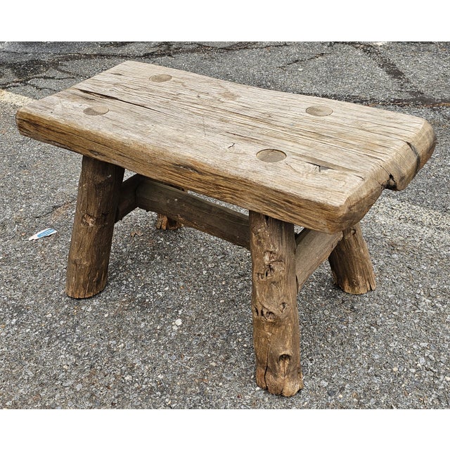 Wood Mid 20th Century Early American Style Rustic Stretcher Pine Log Bench For Sale - Image 7 of 8