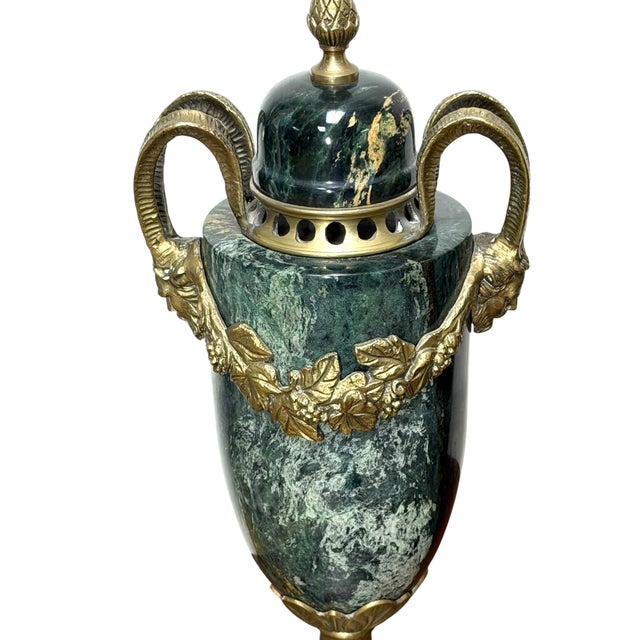 Green Pair of Green Marble and Ormolu Urns or Cassolettes With Satyr Heads in Louis XVI Style For Sale - Image 8 of 15