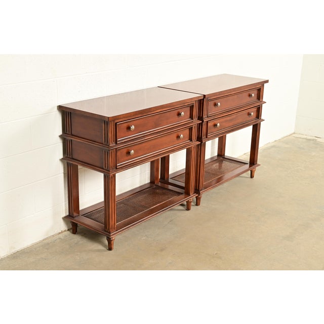 Drexel Heritage Drexel Heritage French Regency Louis XVI Carved Mahogany and Cane Console Tables or Servers, Pair For Sale - Image 4 of 13