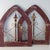 Rustic Farmhouse Gothic Style Arched Window Fleur-De-Lis Metal Scrollwork Brick Red Butter Yellow Rustic Chipped Wood...