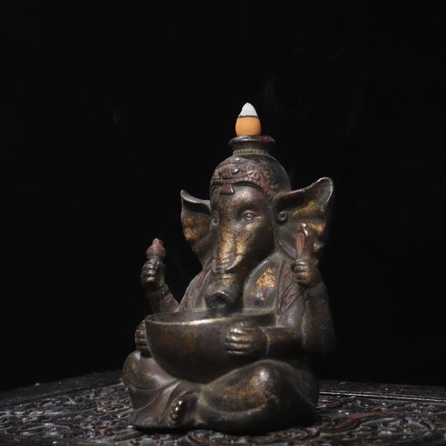 Vintage Gilt Brass Ganesha Backflow Incense Burner – Elephant God Statue For Sale - Image 4 of 9