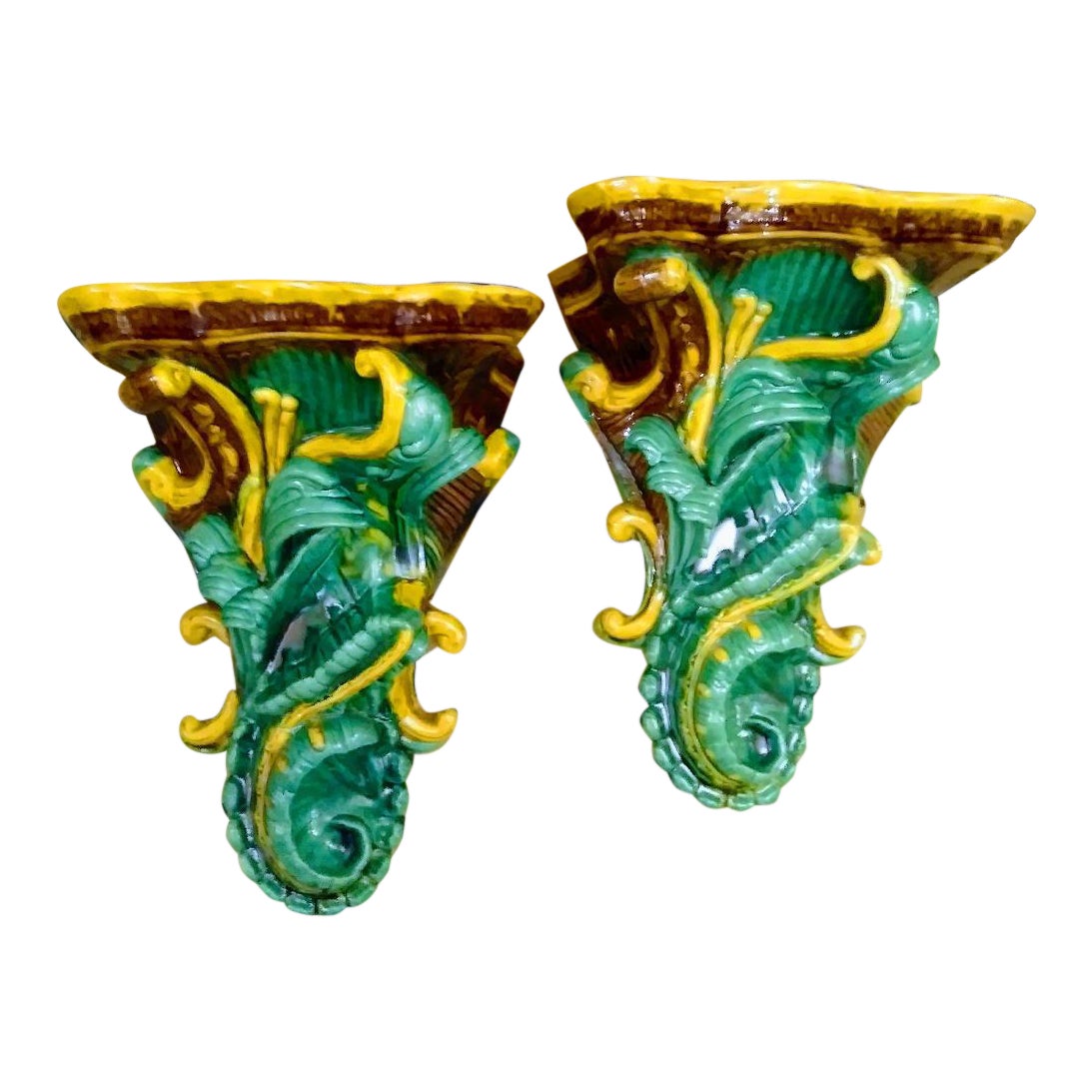 Vintage Green And Yellow Ceramic Mottahedeh Style Large Palm Leaf Wall Sconce Shelves Chairish