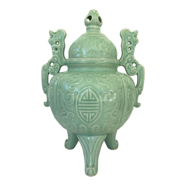 1970s Large Celadon Glazed Chinese Tripod Lidded Censer For Sale