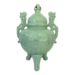 1970s Large Celadon Glazed Chinese Tripod Lidded Censer