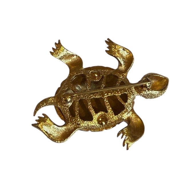Mid-Century Modern Mid 20th Century Monet Gold Tone Turtle Pin With Green Rhinestone Eyes For Sale - Image 3 of 4