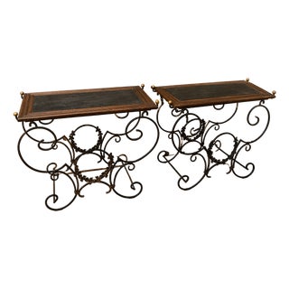 Mid-Century Wrought Iron and Blackened Wood Consoles, 1950s, Set of 2 For Sale