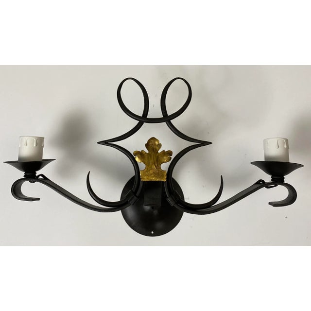 Spanish Rene Drouet Set of 5 French Art Deco Style Hand Forged Iron Sconces For Sale - Image 3 of 9