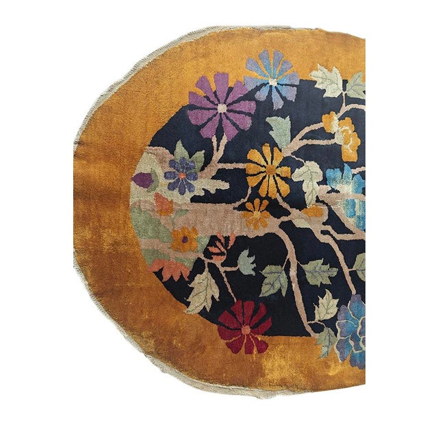 1920s Black Floral Antique Chinese Art Deco Rug 4'2"x6'10" Oval Handknotted Wool Carpet For Sale - Image 9 of 11