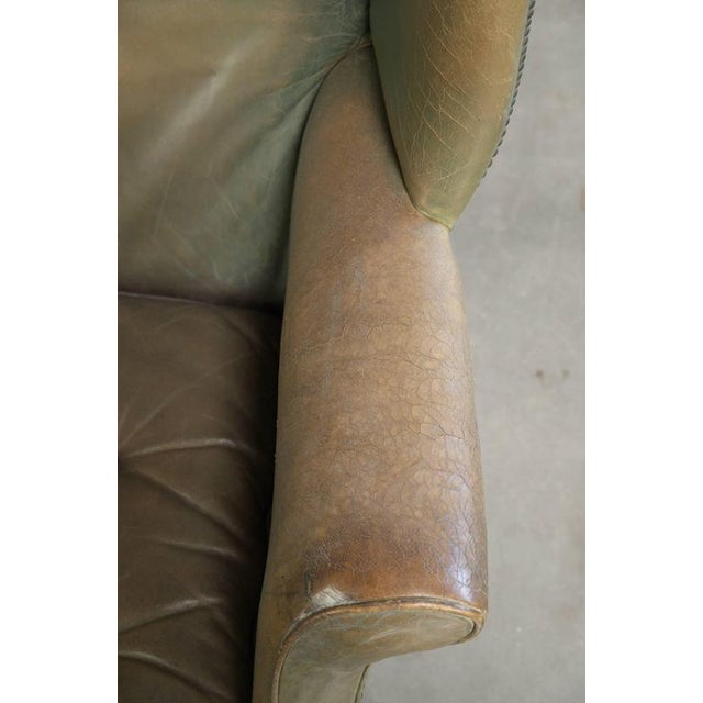 Green Vintage English Cowhide Wing Armchair For Sale - Image 8 of 14