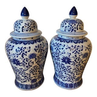Large Late 20th Century Blue and White Porcelain Ginger Jars - a Pair For Sale