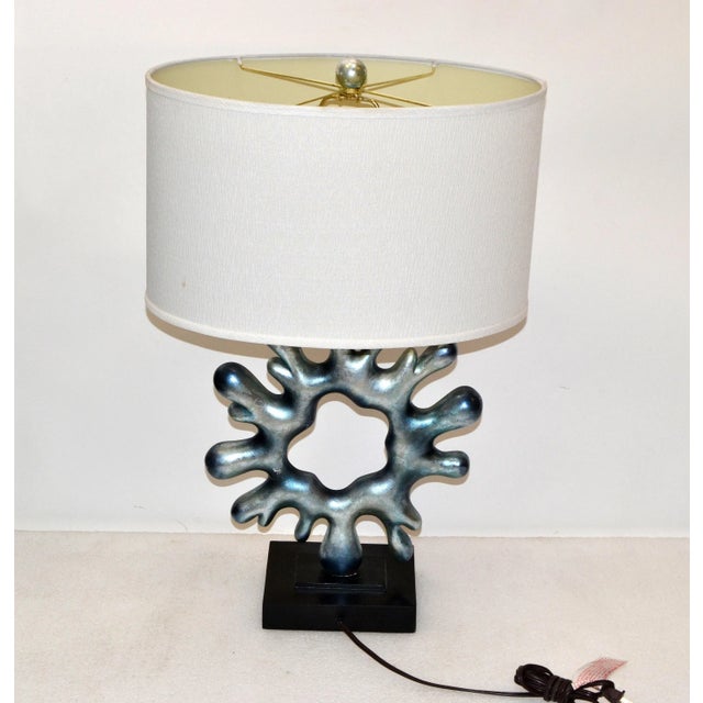 Vintage Ice Blue Resin Biomorphic Shape Abstract Art Table Lamp & Oval Shade 70s For Sale - Image 9 of 13