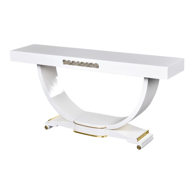 French Art Deco Console in White Finish With Brass Detailing For Sale