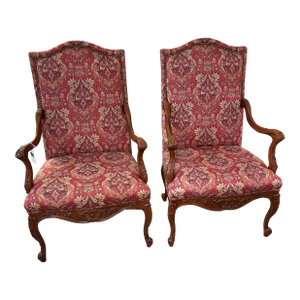 French Style Carved Wood & Upholstered Armchairs -A Pair