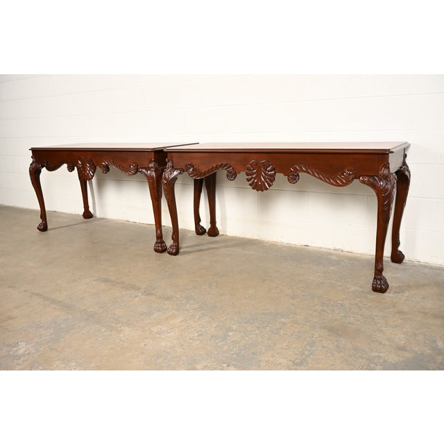 1980s Baker Furniture Georgian Carved Mahogany Consoles or Sofa Tables, Newly Refinished For Sale - Image 5 of 15