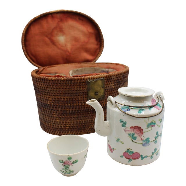 Circa 1880s Famille Rose Tea Pot & Tea Bowl in Basket For Sale