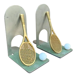 Vintage Cast Brass Double Tennis Racket Bookends, Pair