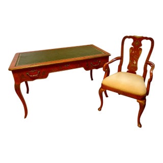 Baker Furniture 2pc Queen Anne Scarlet Japanned Desk/ Bureau Plat For Sale