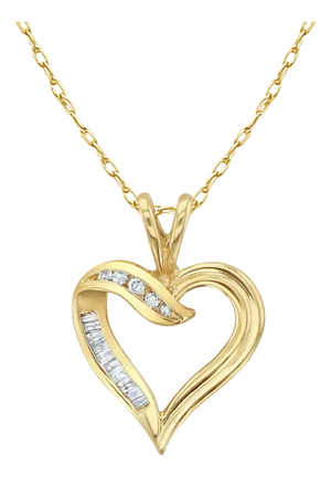 Baguette & Round Heart Shaped Diamond Necklace 14k Yellow Gold 16"