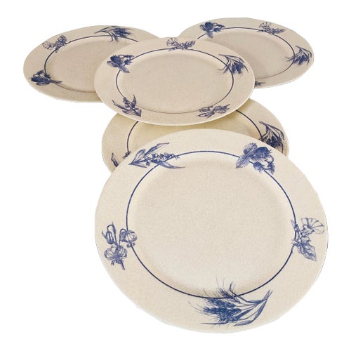 Vintage Arcopal France Blue & White Crackle Design Dinner Plates S/5