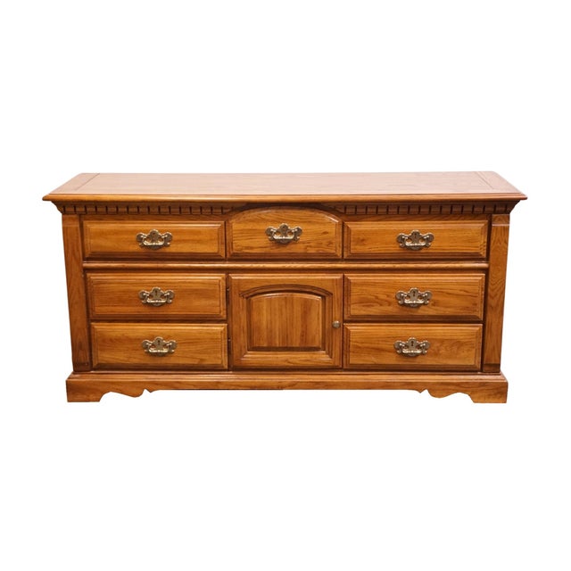 American Bassett Furniture Solid Oak Early American Country Style 68" Triple Door Dresser 2283-247 For Sale - Image 3 of 16